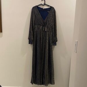 Metallic Black & Silver V-Neck Wrap Maxi Dress